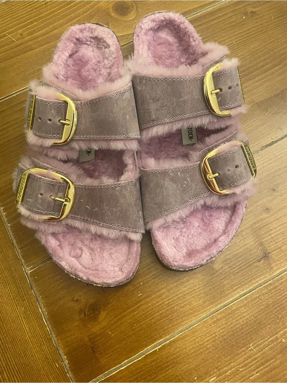 Birkenstock Fuzzy Double-Buckle Slides in Mauve Pink - Picture 2 of 5